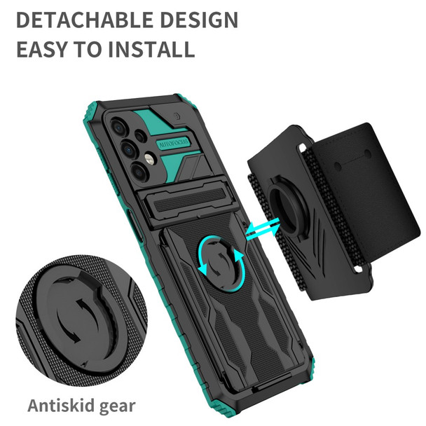 Anti-scratch Hard PC + Soft TPU Phone Cover Adjustable Wristband Design Hybrid Phone Case with Kickstand for Samsung Galaxy A32 5G / M32 5G - Blackish Green