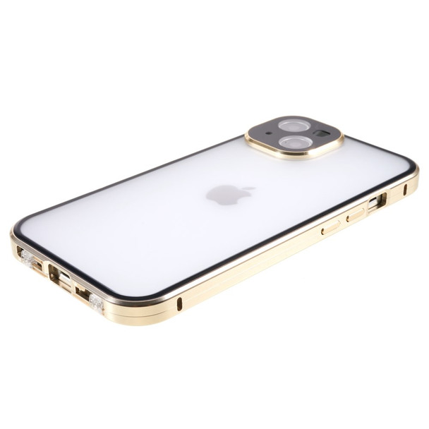 For iPhone 14 Anti-Peep Matte Back Straight Edge Phone Case Double Sided Tempered Glass Full Body Protection Magnetic Adsorption Metal Frame Safety Buckle Cover - Gold
