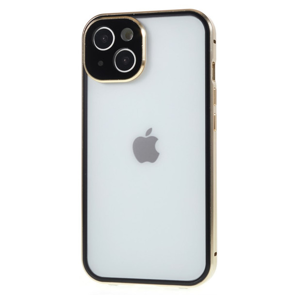 For iPhone 14 Anti-Peep Matte Back Straight Edge Phone Case Double Sided Tempered Glass Full Body Protection Magnetic Adsorption Metal Frame Safety Buckle Cover - Gold