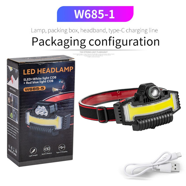 W685-5 Multi-function Head Lamp 5 LED+COB Strong Light 90-degree Adjustable Headlight Outdoor Headband Flashlight for Night Riding Fishing