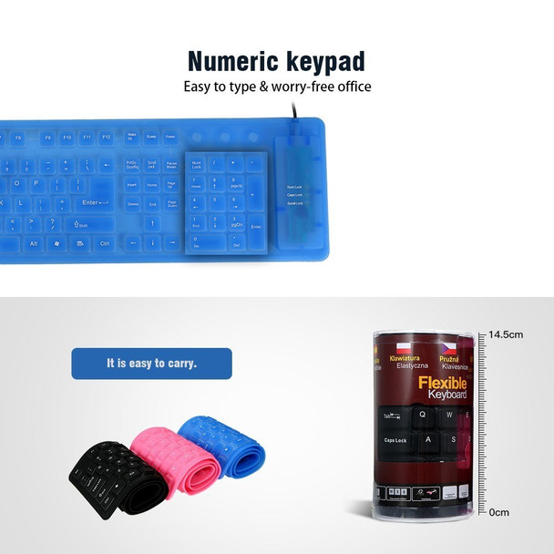 108 Keys USB Silicone Foldable Keyboard  Waterproof Dustproof USB Silent Keys - Black