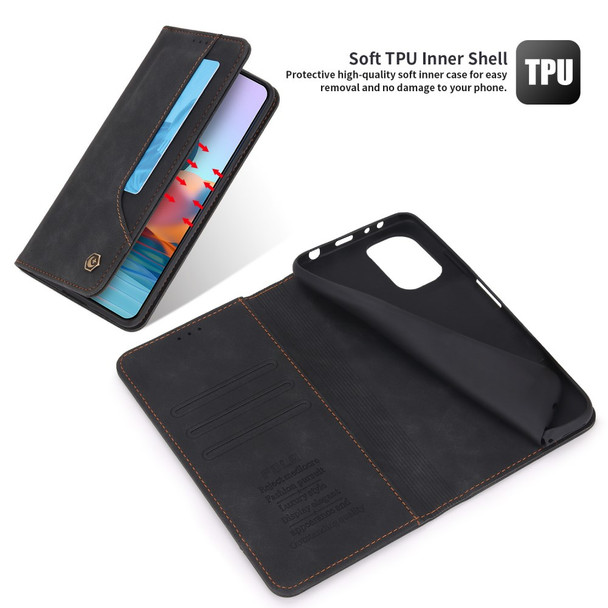 POLA 008 Series Retro Style PU Leather Cover Inner TPU Case Magnetic Closure Stand Wallet Phone Shell for Xiaomi Redmi Note 10 Pro 4G (Global)/(India)/Note 10 Pro Max - Black