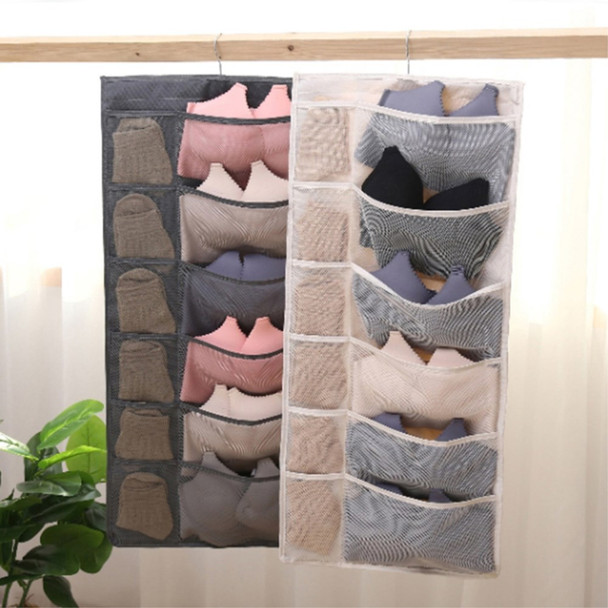 Dual-sided Hanging Closet Organizer for Underwear Sock Toiletries Bra 15 Mesh Pockets - Grey