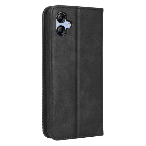 Retro Texture Protective Phone Cover For Samsung Galaxy A04e 4G / F04 4G / M04 4G , Magnetic Auto Closing Imprinted Pattern PU Leather Flip Wallet Stand Anti-drop Phone Case - Black