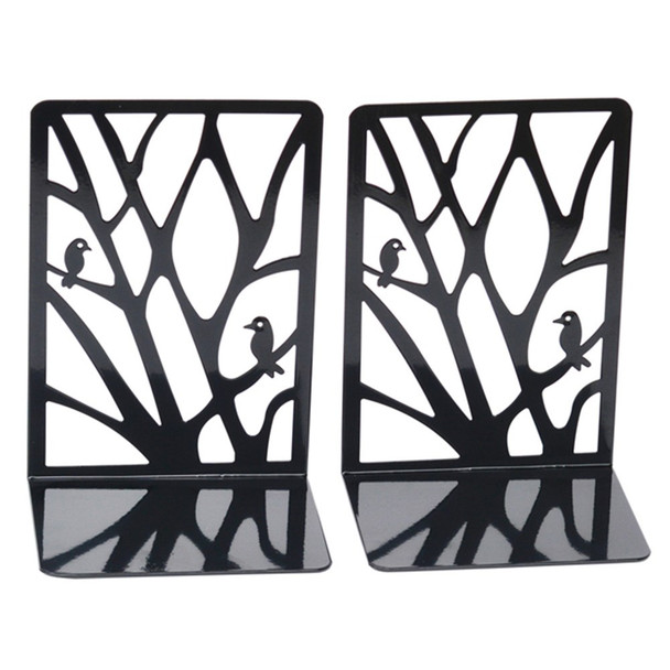 1 Pair Hollow Tree and Bird Design Stylish Metal Bookends Non-skid Home Office Books Bezel Organizer