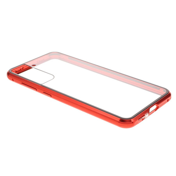 Double-sided Tempered Glass + Magnetic Absorption Lock Installation 2-in-1 Metal Magnetic Frame Case for Samsung Galaxy S21 FE - Red