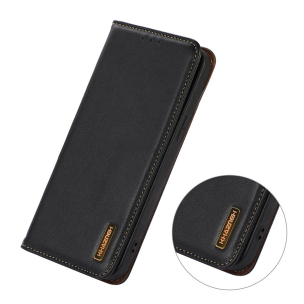 KHAZNEH Wallet Phone Case for Xiaomi Poco M4 Pro 4G Genuine Cowhide Textured Leather Folio Flip Cover Magnetic Absorption TPU Shell Shockproof Stand Case - Black