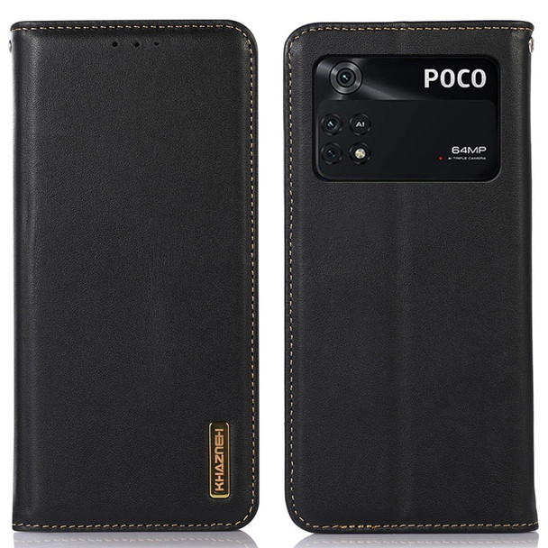 KHAZNEH Wallet Phone Case for Xiaomi Poco M4 Pro 4G Genuine Cowhide Textured Leather Folio Flip Cover Magnetic Absorption TPU Shell Shockproof Stand Case - Black