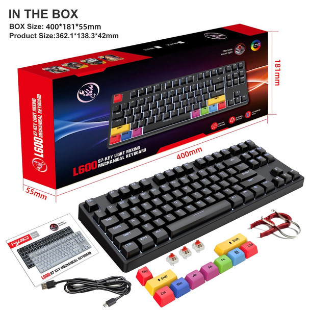 HXSJ L600 87-key Red Switches Wired Portable Keyboard Mechanical Gaming Keyboard with Backlit for Home Office - Black