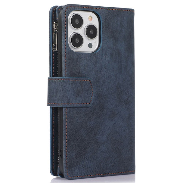 For iPhone 12 Pro Max 6.7 inch Zipper Pocket Phone Stand Wallet Case Full Protection Skin-touch PU Leather Card Holder Shell with Wrist and Shoulder Strap - Dark Blue