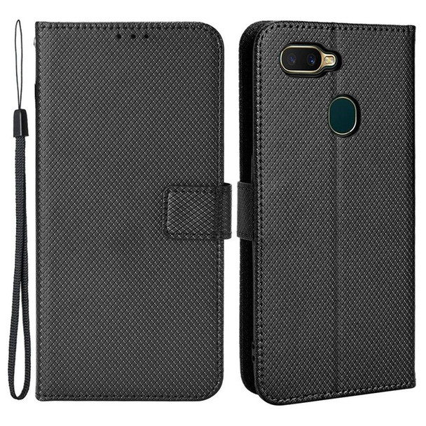 For Oppo A7/AX7/A5s/AX5s/A12 Diamond Texture PU Leather Case Wallet Stand Mobile Phone Cover - Black