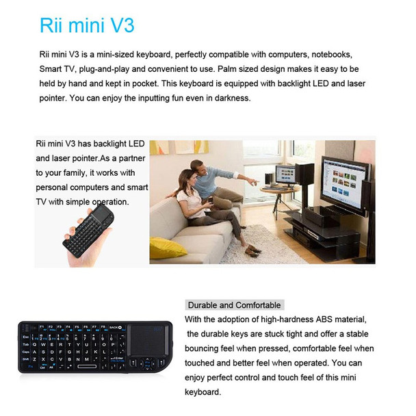 RII Mini V3 2.4GHz Wireless QWERTY Keyboard Touchpad Air Mouse with Backlit (English Version)