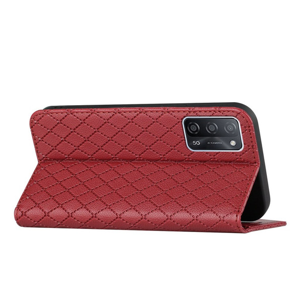 For Oppo A55 5G / A53s 5G / A54 4G / A16 / A54s / A56 5G / A16s / Realme V11 5G Litchi Texture Leather Case Rhombus Pattern Embossment Wallet Stand Phone Cover - Red