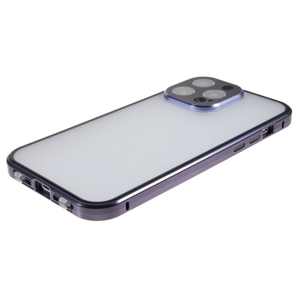 For iPhone 14 Pro Anti-spy Matte Back Phone Case Magnetic Adsorption Metal Bumper Frame Straight Edge Double Sided Tempered Glass Protective Cover with Safety Buckle - Purple
