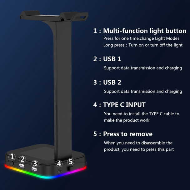 RGBD9  RGB Color Changing Light Headset Rack Holder Dual USB Hub Gaming Headset Display Stand