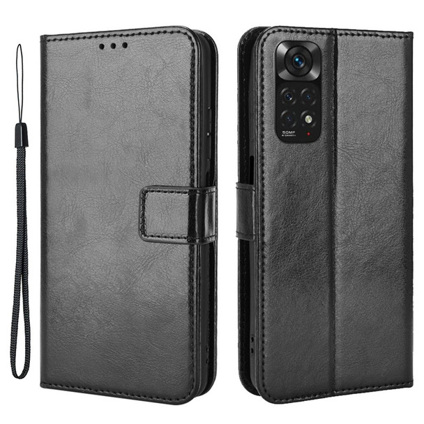 For Xiaomi Redmi Note 11 4G (Qualcomm) / Redmi Note 11S 4G Crazy Horse Texture PU Leather Wallet Phone Case Stand Feature Flip Folio Protective Shockproof Cover with Strap - Black