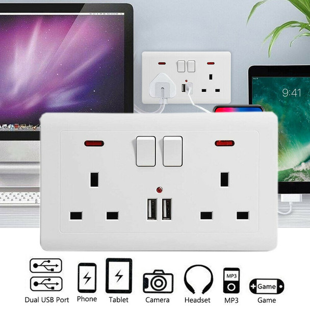 Double Wall Plug Socket 2 Gang 13A 2 USB Charger Port Outlets White Plate UK Plug