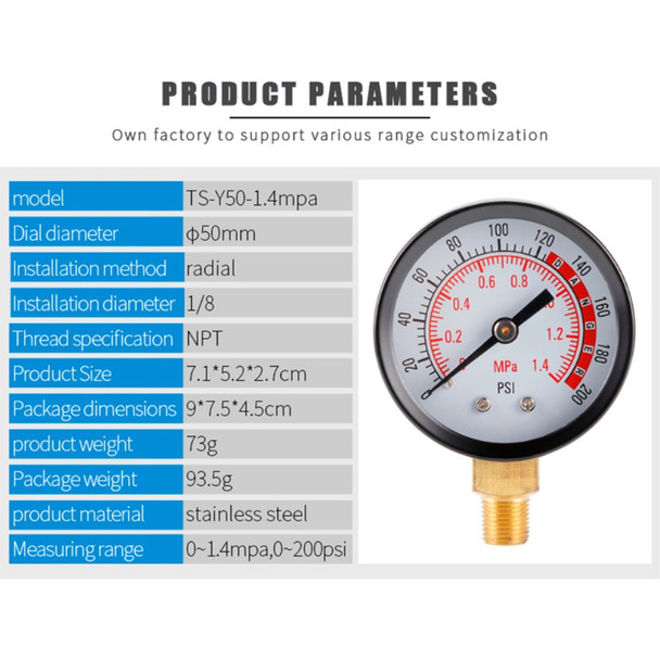 TS-Y50-1.4mpa Dial Dual Scale Water Oil Water Pressure Gauge Stainless Steel Gas Pressure Gauge with Dual Scale