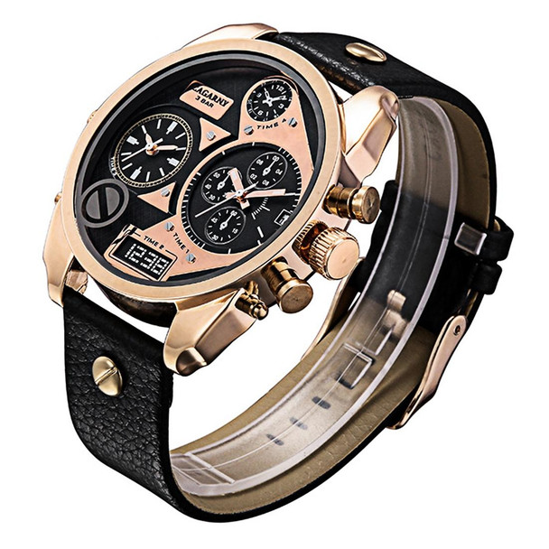 CAGARNY 6822 Fashionable Concise Style Large Dial Dual Clock Rose Gold Case Quartz Movement Wrist Watch with Leatherette Band & GMT Time & Calendar Functions for Men(Black Window)