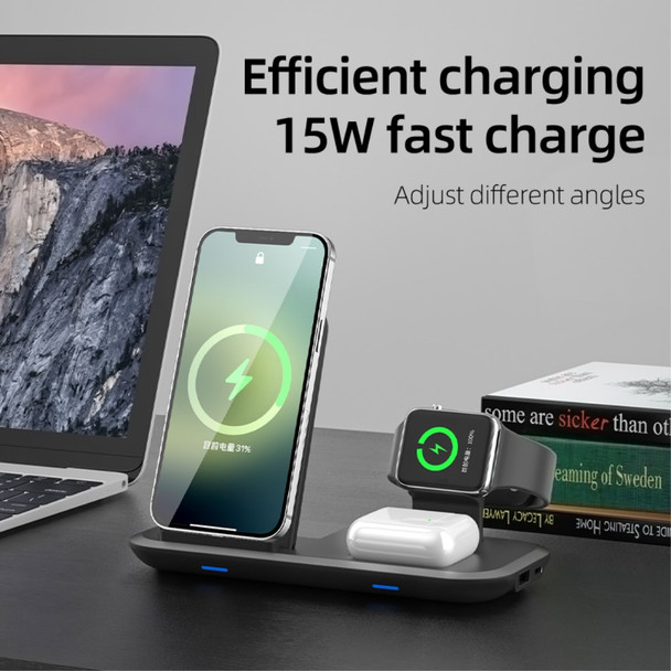W70 3 in 1 Qi Wireless Charger Stand Folding Fast Charging Dock Station for iPhone 12/Apple Watch/Airpods - Black