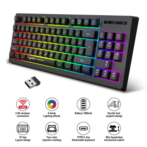 HXSJ L100 2.4G Wireless Keyboard 87 Keys RGB Light Computer Laptop Gaming Keyboard - Black