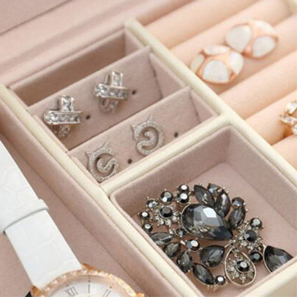 sp01111 Jewelry Box Organizer Three-layer PU Leather Earring Rings Storage Display Case with Mirror and Key - Textured / White