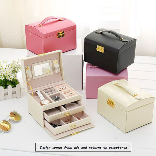 sp01111 Jewelry Box Organizer Three-layer PU Leather Earring Rings Storage Display Case with Mirror and Key - Textured / White