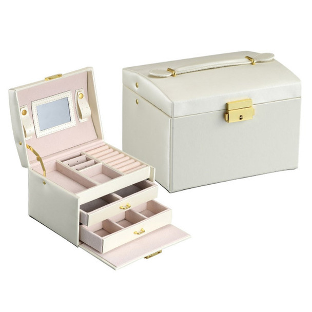 sp01111 Jewelry Box Organizer Three-layer PU Leather Earring Rings Storage Display Case with Mirror and Key - Textured / White