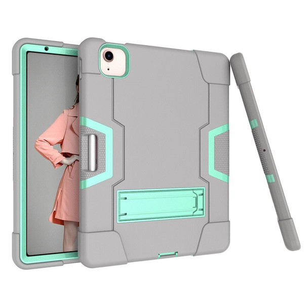 iPad Air 2022 / 2020 10.9 Contrast Color Robot Shockproof Silicon + PC Protective Case with Holder & Pen Slot(Grey + Mint Green)