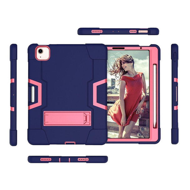 iPad Air 2022 / 2020 10.9 Contrast Color Robot Shockproof Silicon + PC Protective Case with Holder & Pen Slot(Navy Blue + Rose Red)