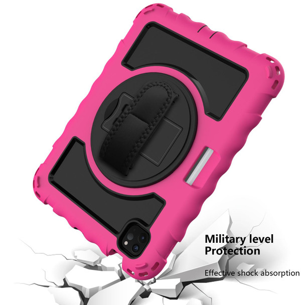 iPad Air 2022 / 2020 10.9 360 Degree Rotation PC + Silicone Shockproof Combination Case with Holder & Hand Grip Strap & Neck Strap & Pen Slot Holder(Hot Pink)