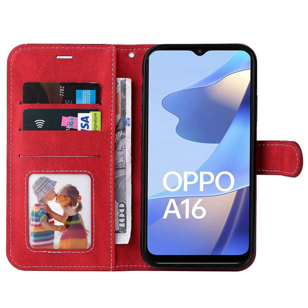 For Oppo A55 5G/A54 4G/A54s/A16 4G/A16s/Realme V11 5G Three-color Splicing Stand Phone Case PU Leather Wallet Folio Flip Cover - Red