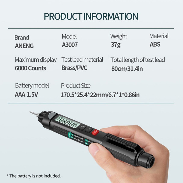 ANENG A3007 Pen Multimeter 6000 Counts Digital Voltage Tester with LCD Display Backlight Flashlight NCV Auto-off for Current Resistance Capacitance Diode Continuity Testing Tool