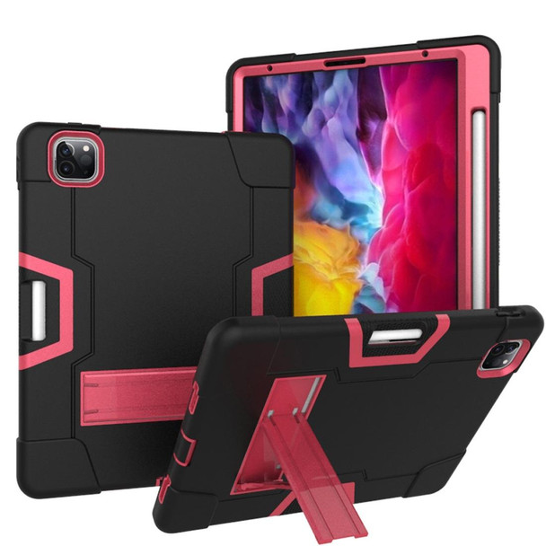 iPad Pro 11 inch 2021 / 2020 Contrast Color Robot Shockproof Silicon + PC Protective Tablet Case with Holder & Pen Slot(Black + Rose Red)