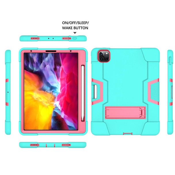 iPad Pro 11 inch 2021 / 2020 Contrast Color Robot Shockproof Silicon + PC Protective Tablet Case with Holder & Pen Slot(Mint Green + Rose Red)