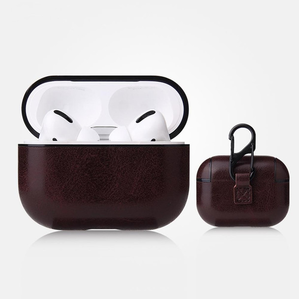 AirPods Pro Anti-fall Crazy Horse Texture PU Leatherette Protective Case with Carabiner(Coffee)