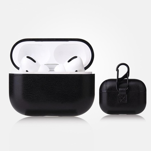 AirPods Pro Anti-fall Crazy Horse Texture PU Leatherette Protective Case with Carabiner(Black)