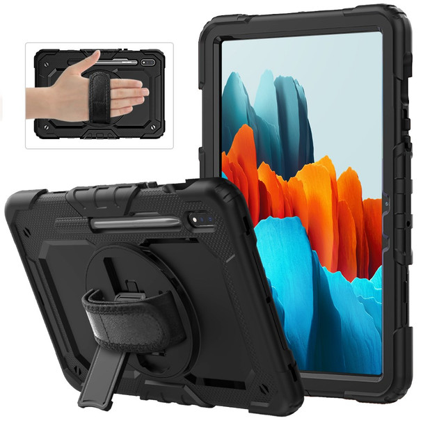 For Samsung Galaxy Tab S7 / S8 [Built-in Hand Holder Strap] 360 Swivel Kickstand PC + Silicone Tablet Hybrid Shell with Shoulder Strap and Pen Slot - All Black