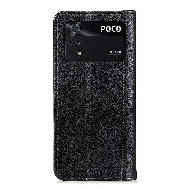 For Xiaomi Poco M4 Pro 4G Split Leather Magnetic Absorption Protective Case Litchi Texture TPU Wallet Stand Mobile Phone Cover - Black