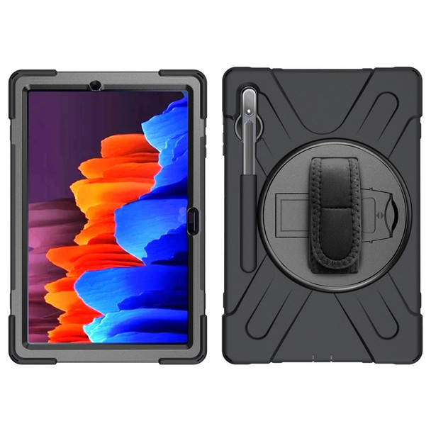 For Samsung Galaxy Tab S7+ / S8+ 360 Swivel Kickstand PC + Silicone Tablet Combo Case [Built-in Hand Holder Strap] - Black