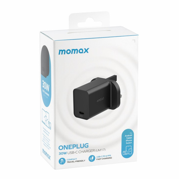 MOMAX ONE PLUG PD 30W Fast Charging Home Travel Wall Charger Power Adapter UK Plug - Black