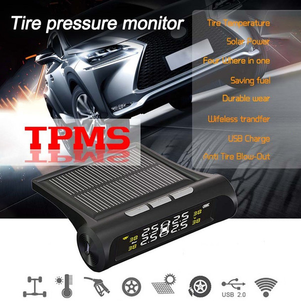 Car TPMS Tire Pressure Monitoring System with 4 External Sensor Solar Charging HD Digital LCD Display Auto Alarm System