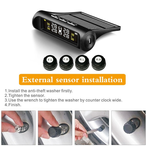 Car TPMS Tire Pressure Monitoring System with 4 External Sensor Solar Charging HD Digital LCD Display Auto Alarm System