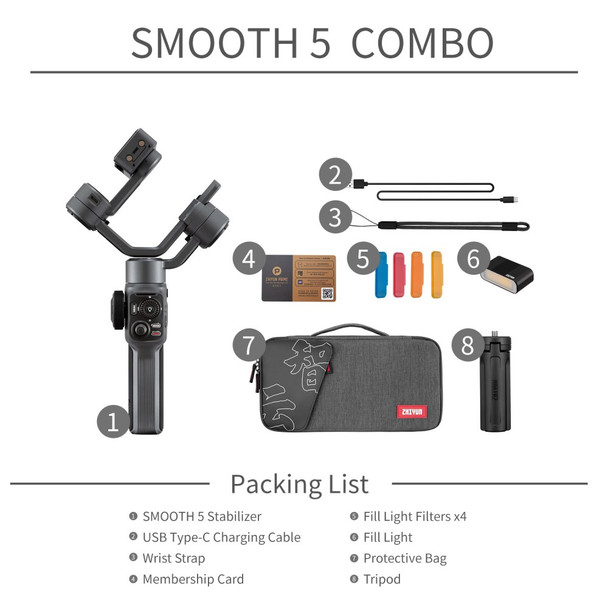 ZHIYUN SMOOTH 5  3-Axis Anti-shake Mobile Phone Handheld Gimbal Holder Live Streaming Stabilizer Photography Bracket with Tripod - Standard Version