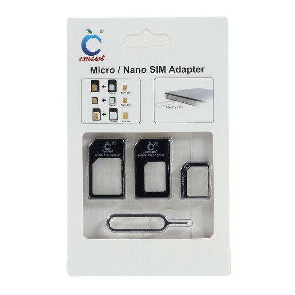 Black CMZWT 4 in 1 Nano SIM to Micro SIM / Standard SIM Card Adapter with Eject Pin for iPhone SE 5s 5c 5 4s 4 iPad