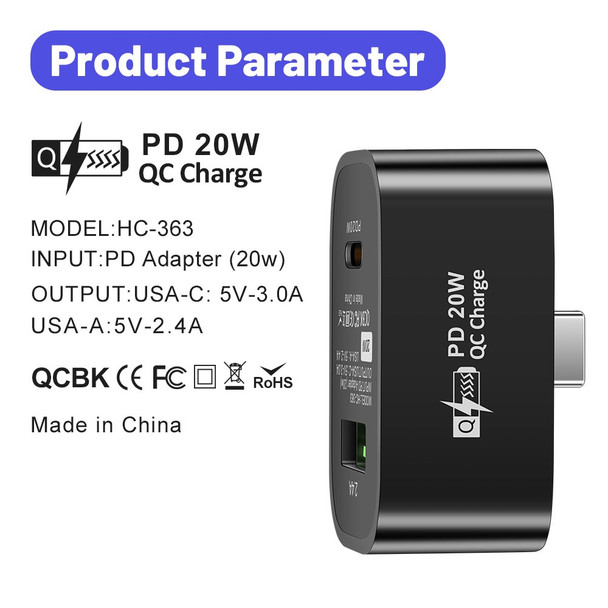 Type-C to Type-C + USB-A Splitter Dual Port Extender PD 20W Fast Charging Adapter, Square - Black