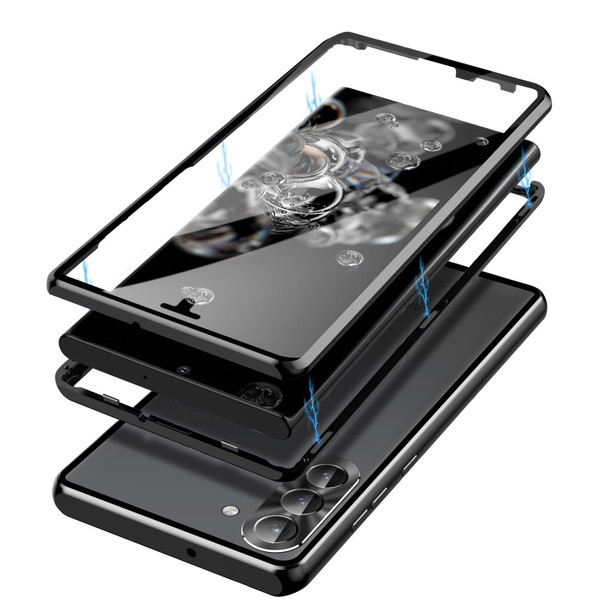 For Samsung Galaxy S23+ Single-Sided Tempered Glass+PC Panel Clear Phone Case Magnetic Adsorption Metal Frame Anti-scratch Phone Cover with Safety Buckle - Black