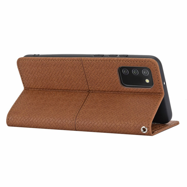 Auto-Absorbed Woven Texture Wallet Stand Leather Cover Case with Handy Strap for Samsung Galaxy A03s (166.5 x 75.98 x 9.14mm) - Brown