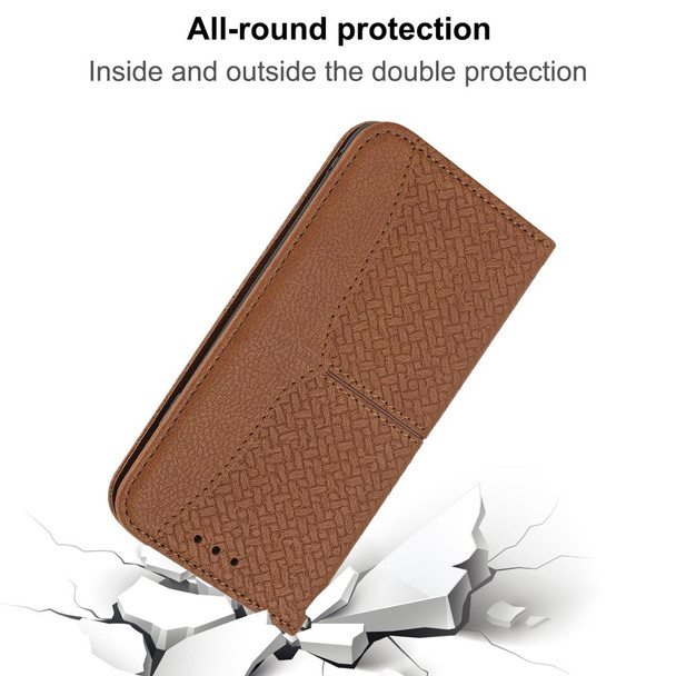 Auto-Absorbed Woven Texture Wallet Stand Leather Cover Case with Handy Strap for Samsung Galaxy A03s (166.5 x 75.98 x 9.14mm) - Brown