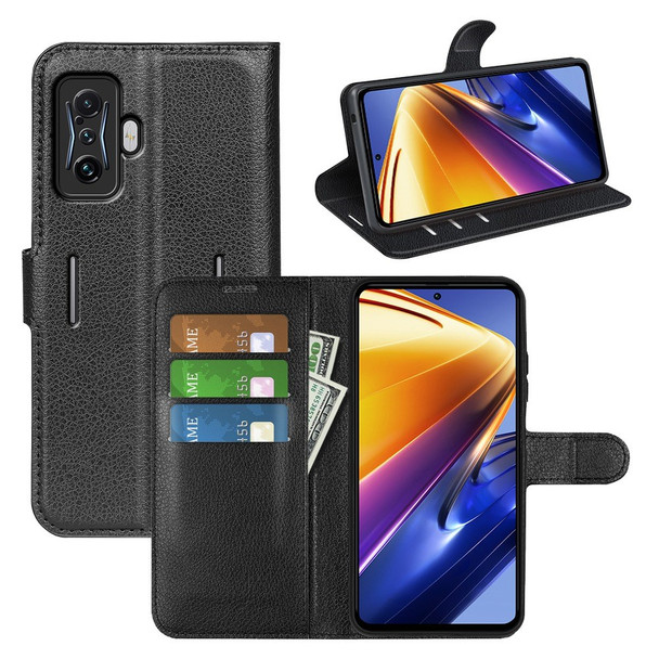 For Xiaomi Poco F4 GT / Redmi K50 Gaming 5G Litchi Texture Folio Flip Phone Case PU Leather TPU Wallet Stand Cover - Black